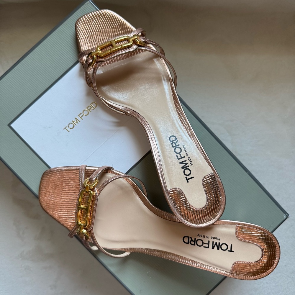 Tom Ford Whitney 55 Lizard-Embossed Metallic Leather Mules Rose Gold EU 37.5